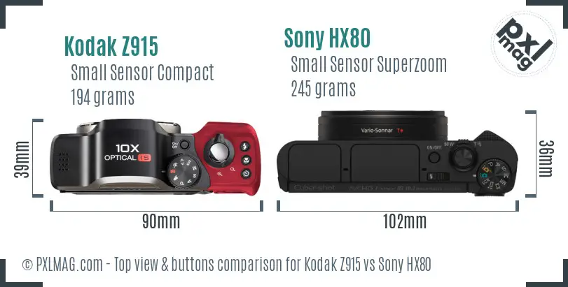 Kodak Z915 vs Sony HX80 top view buttons comparison Kodak Z915 vs Sony HX80 top view buttons comparison