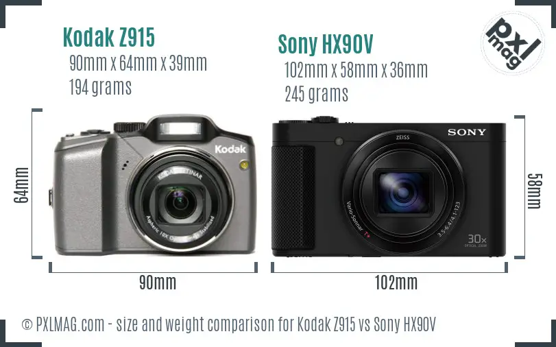 Kodak Z915 vs Sony HX90V size comparison