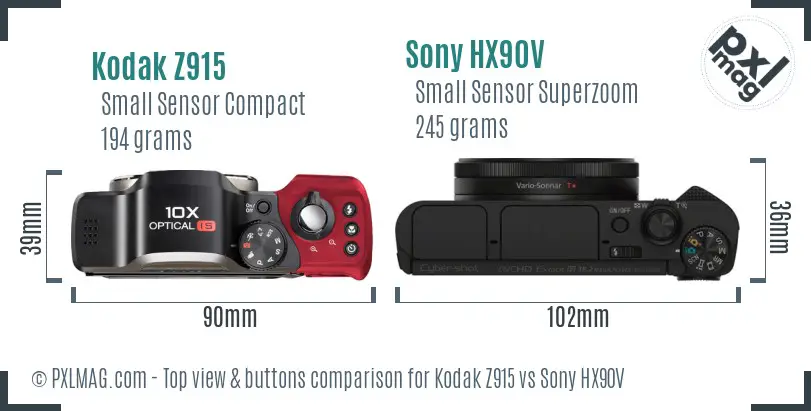 Kodak Z915 vs Sony HX90V top view buttons comparison