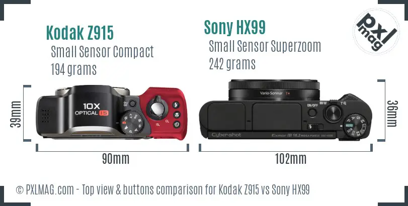 Kodak Z915 vs Sony HX99 top view buttons comparison