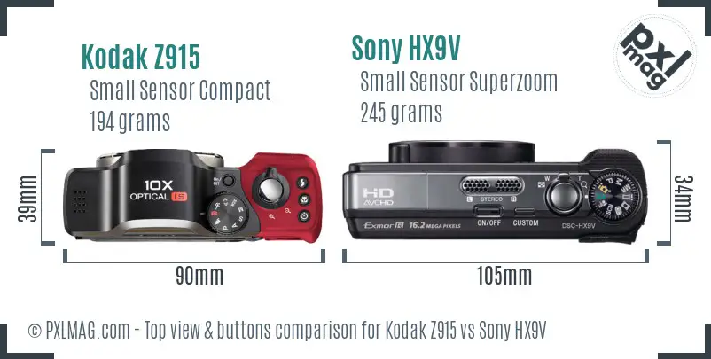 Kodak Z915 vs Sony HX9V top view buttons comparison