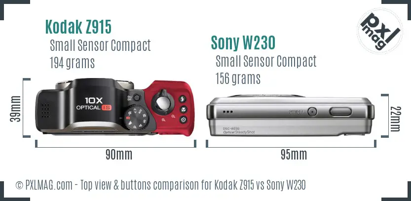 Kodak Z915 vs Sony W230 top view buttons comparison Kodak Z915 vs Sony W230 top view buttons comparison