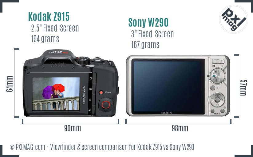Kodak Z915 vs Sony W290 Screen and Viewfinder comparison