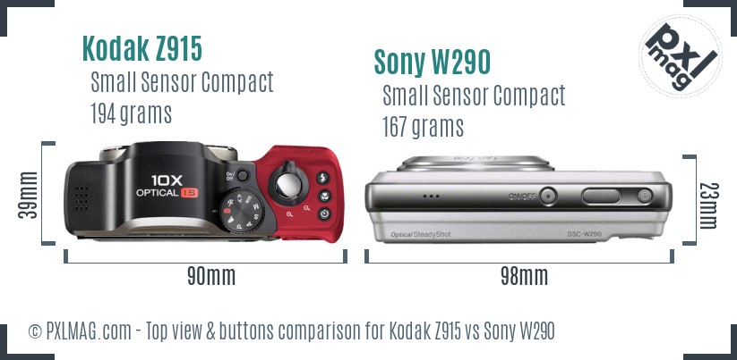 Kodak Z915 vs Sony W290 top view buttons comparison