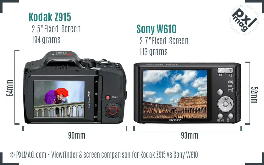 Kodak Z915 vs Sony W610 Screen and Viewfinder comparison