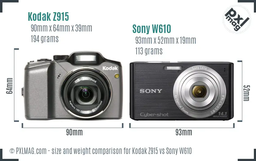 Kodak Z915 vs Sony W610 size comparison
