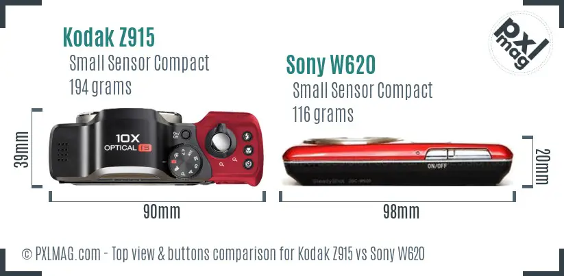 Kodak Z915 vs Sony W620 top view buttons comparison Kodak Z915 vs Sony W620 top view buttons comparison