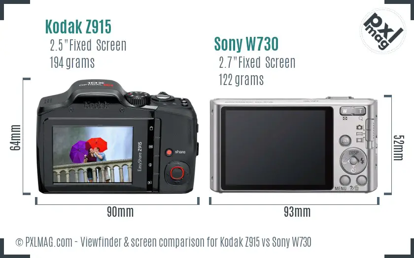 Kodak Z915 vs Sony W730 Screen and Viewfinder comparison