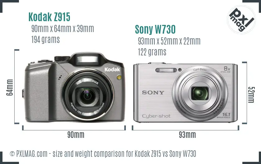 Kodak Z915 vs Sony W730 size comparison