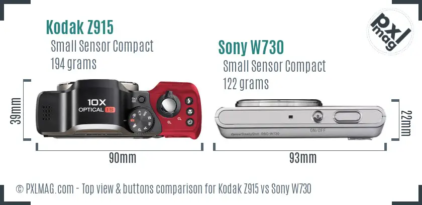 Kodak Z915 vs Sony W730 top view buttons comparison