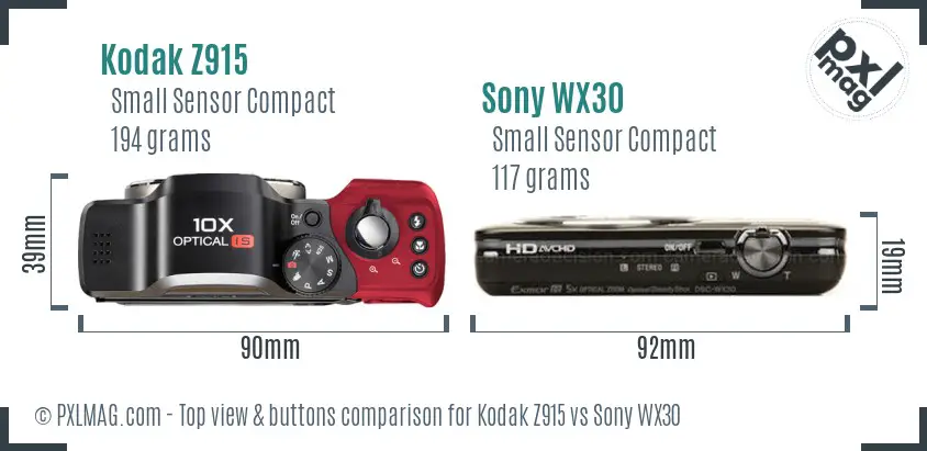 Kodak Z915 vs Sony WX30 top view buttons comparison Kodak Z915 vs Sony WX30 top view buttons comparison