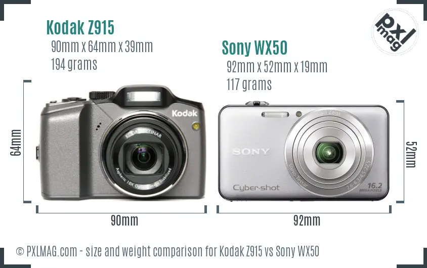 Kodak Z915 vs Sony WX50 size comparison