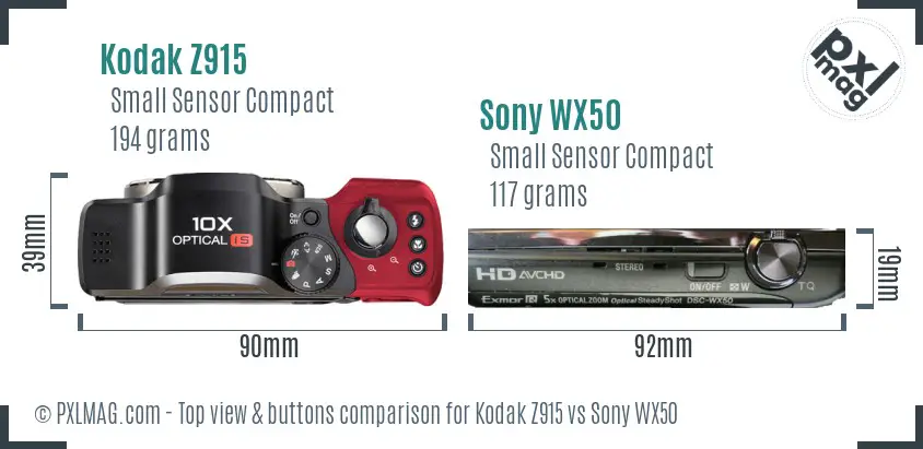 Kodak Z915 vs Sony WX50 top view buttons comparison