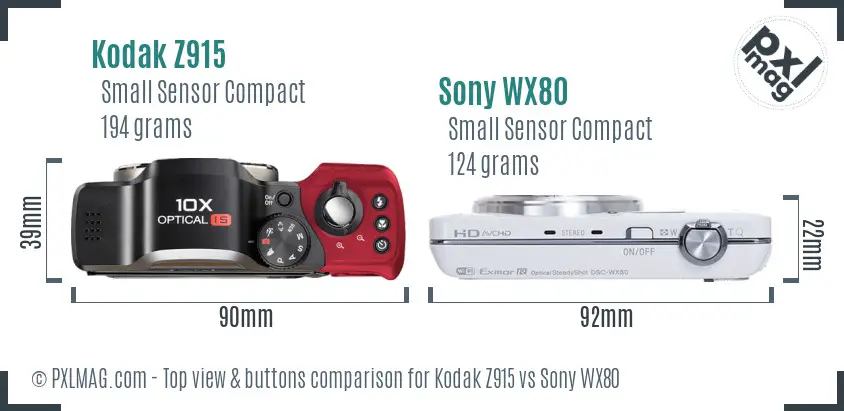 Kodak Z915 vs Sony WX80 top view buttons comparison Kodak Z915 vs Sony WX80 top view buttons comparison