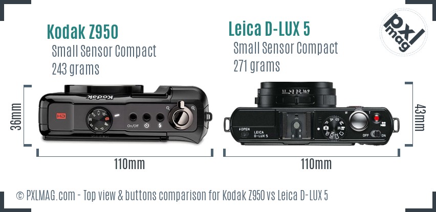 Kodak Z950 vs Leica D-LUX 5 top view buttons comparison