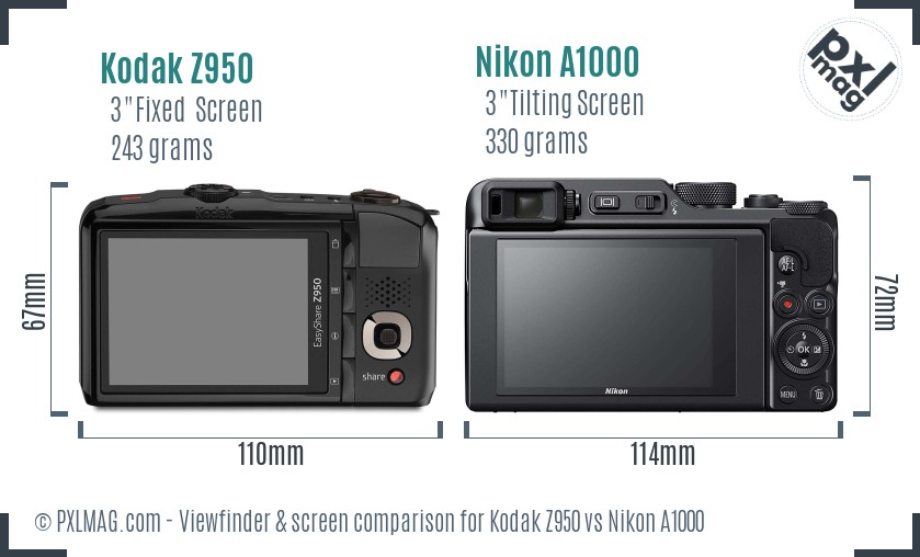 Kodak Z950 vs Nikon A1000 Screen and Viewfinder comparison