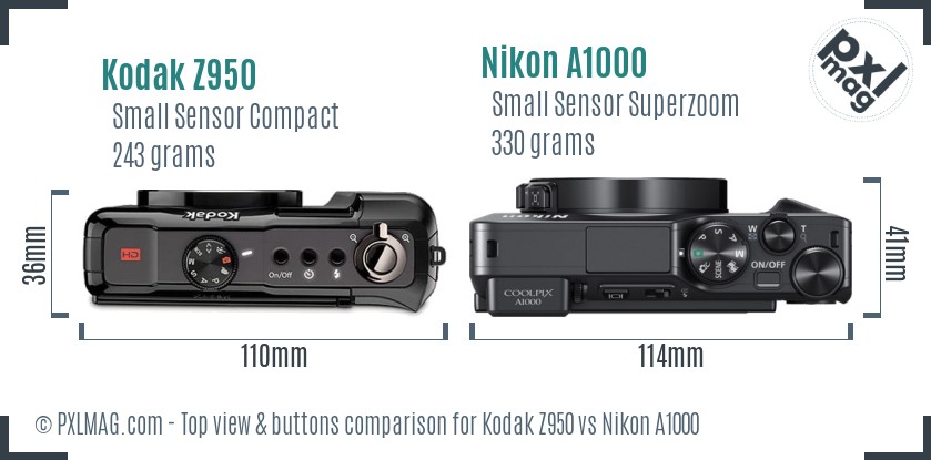Kodak Z950 vs Nikon A1000 top view buttons comparison