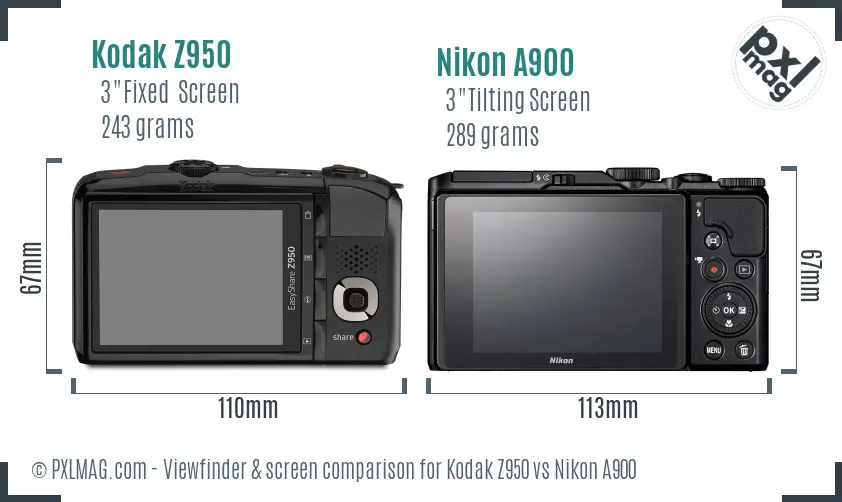 Kodak Z950 vs Nikon A900 Screen and Viewfinder comparison