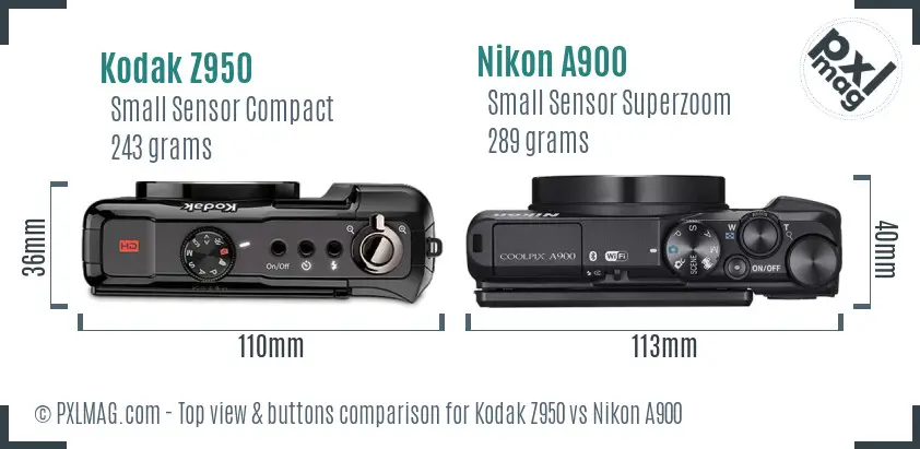 Kodak Z950 vs Nikon A900 top view buttons comparison