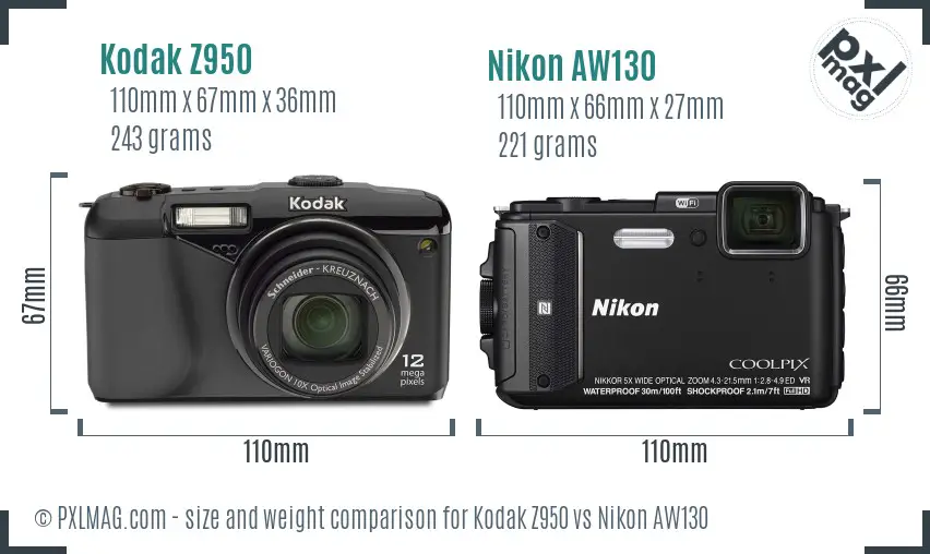 Kodak Z950 vs Nikon AW130 size comparison