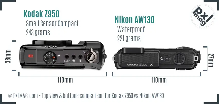 Kodak Z950 vs Nikon AW130 top view buttons comparison