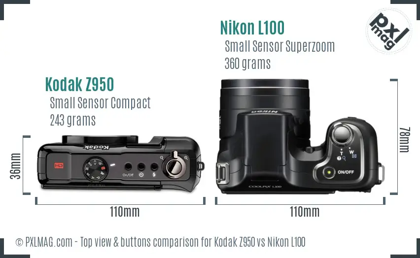 Kodak Z950 vs Nikon L100 top view buttons comparison