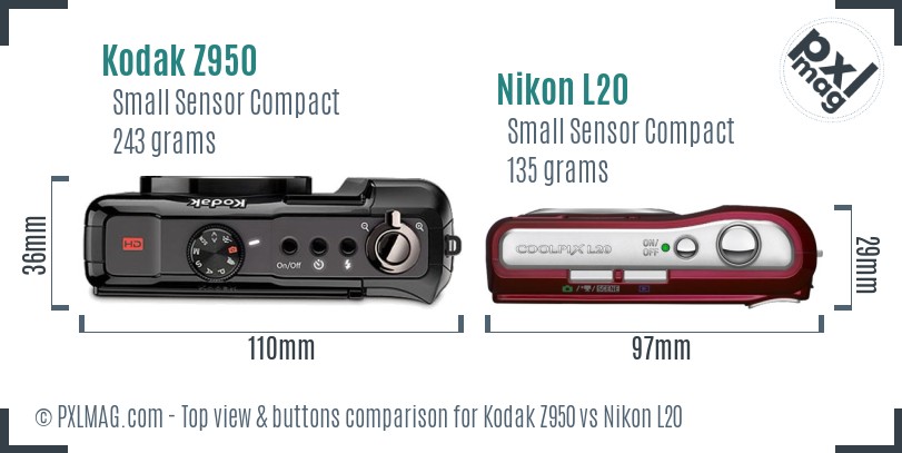 Kodak Z950 vs Nikon L20 top view buttons comparison