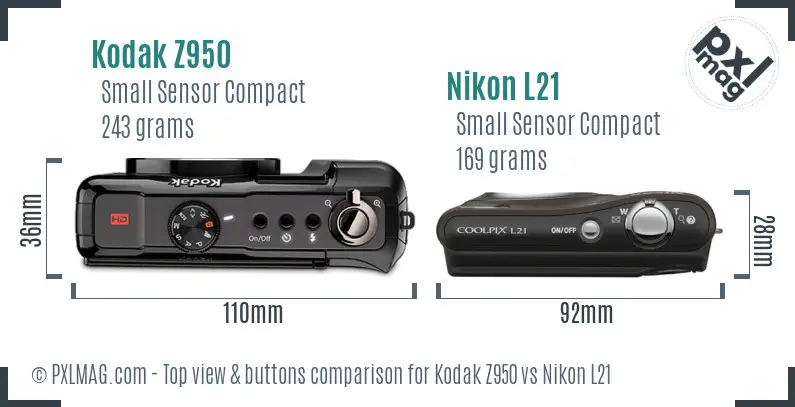 Kodak Z950 vs Nikon L21 top view buttons comparison