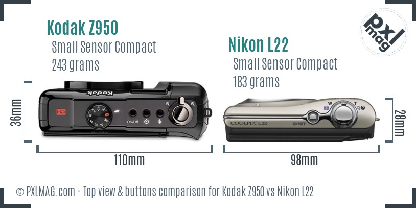 Kodak Z950 vs Nikon L22 top view buttons comparison