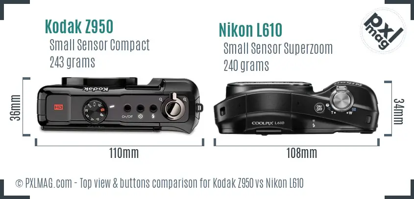 Kodak Z950 vs Nikon L610 top view buttons comparison