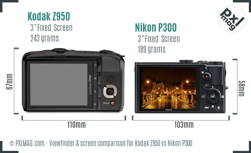 Kodak Z950 vs Nikon P300 Screen and Viewfinder comparison