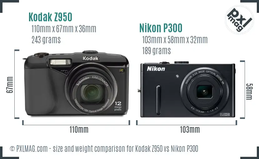 Kodak Z950 vs Nikon P300 size comparison