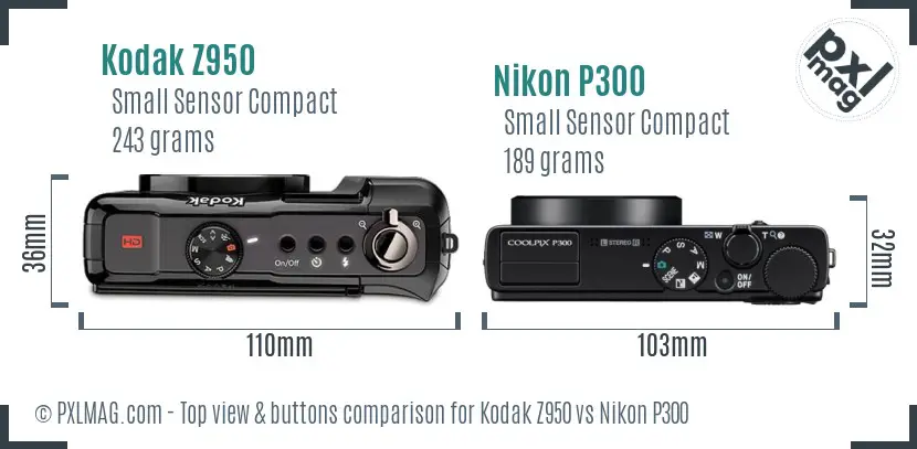 Kodak Z950 vs Nikon P300 top view buttons comparison