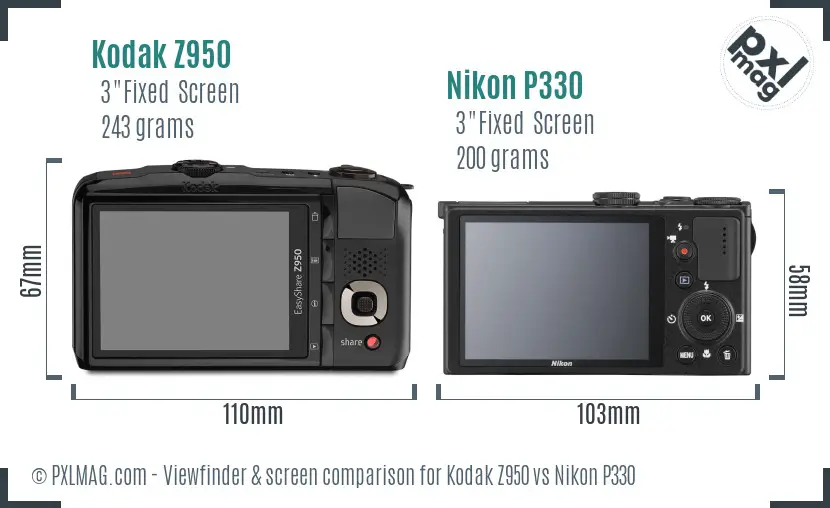 Kodak Z950 vs Nikon P330 Screen and Viewfinder comparison