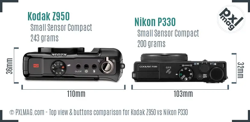 Kodak Z950 vs Nikon P330 top view buttons comparison