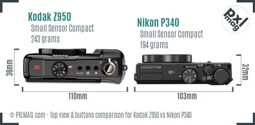Kodak Z950 vs Nikon P340 top view buttons comparison Kodak Z950 vs Nikon P340 top view buttons comparison