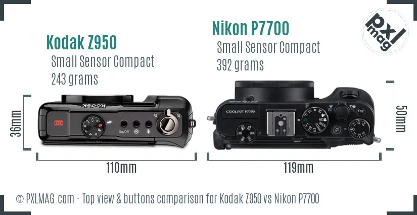 Kodak Z950 vs Nikon P7700 top view buttons comparison