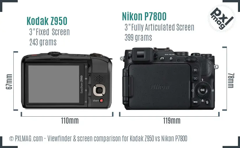Kodak Z950 vs Nikon P7800 Screen and Viewfinder comparison