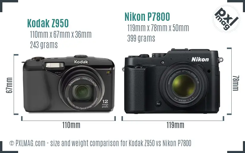 Kodak Z950 vs Nikon P7800 size comparison