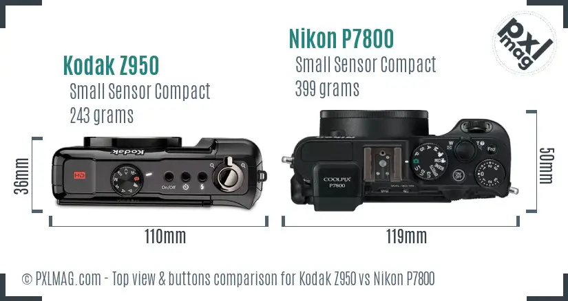 Kodak Z950 vs Nikon P7800 top view buttons comparison