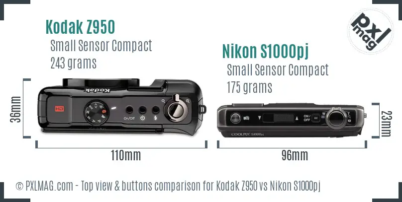 Kodak Z950 vs Nikon S1000pj top view buttons comparison