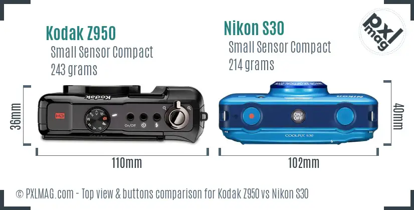 Kodak Z950 vs Nikon S30 top view buttons comparison