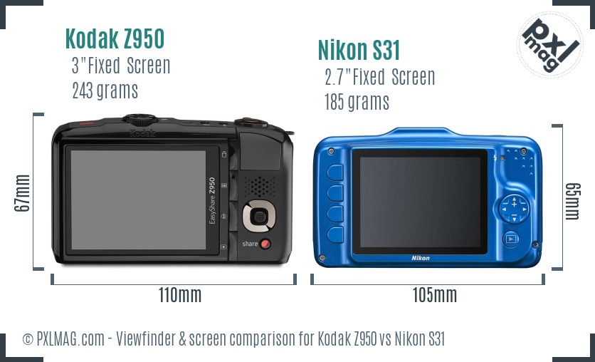 Kodak Z950 vs Nikon S31 Screen and Viewfinder comparison