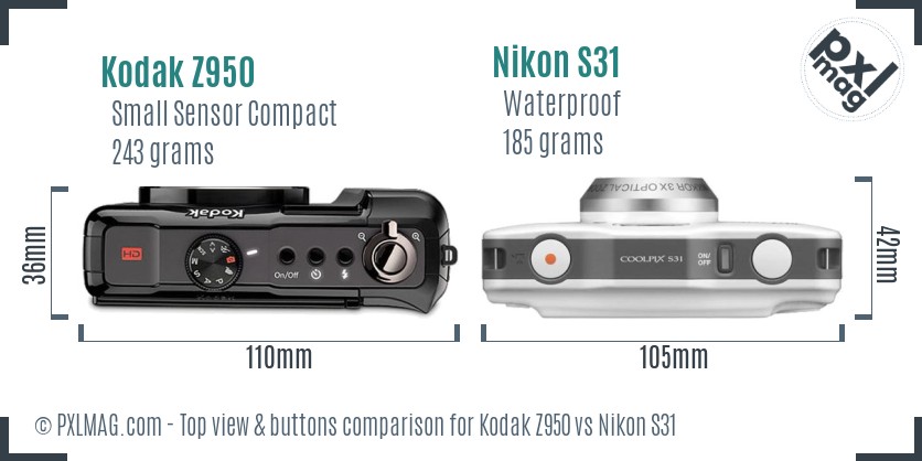 Kodak Z950 vs Nikon S31 top view buttons comparison