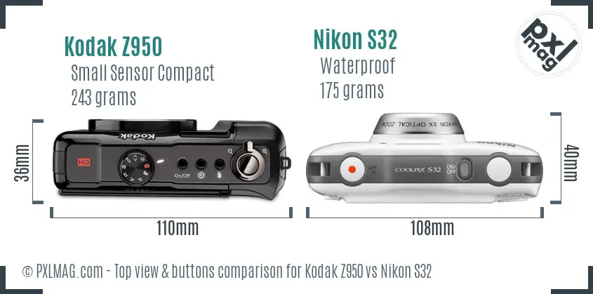 Kodak Z950 vs Nikon S32 top view buttons comparison