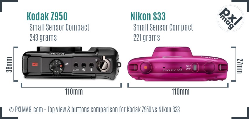 Kodak Z950 vs Nikon S33 top view buttons comparison