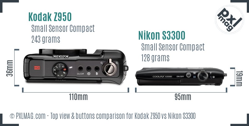 Kodak Z950 vs Nikon S3300 top view buttons comparison