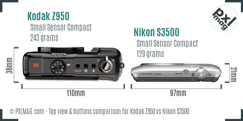 Kodak Z950 vs Nikon S3500 top view buttons comparison
