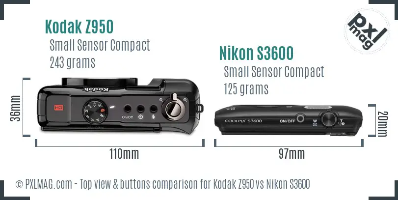 Kodak Z950 vs Nikon S3600 top view buttons comparison