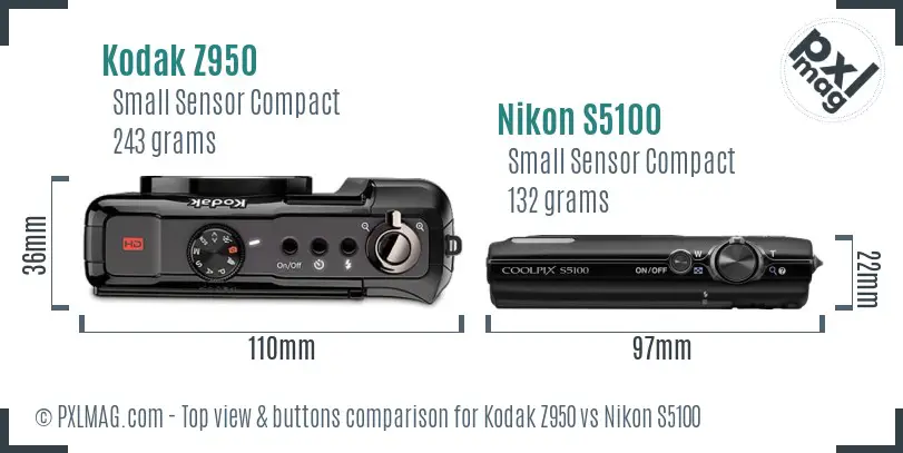 Kodak Z950 vs Nikon S5100 top view buttons comparison